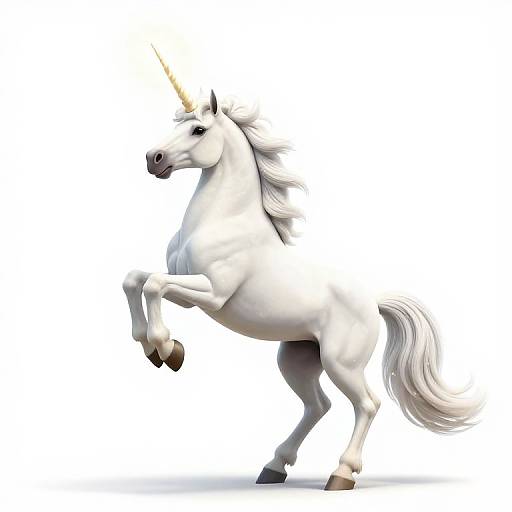 Photorealistic CGI of a white unicorn with a golden horn, rearing on its hind legs against a plain white background.