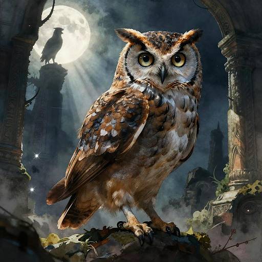 Mystic Owl Guardian in Moonlit Ruins