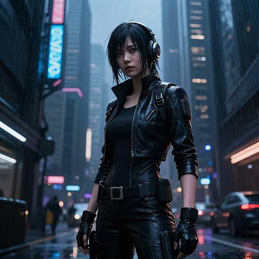 Digital artwork of a serious, rain-soaked Asian woman in a black leather jacket and gloves, standing in a neon-lit, rainy city street at
