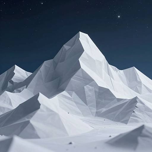 Digital artwork of a glowing, geometric, white mountain range under a starry night sky, with sharp, angular facets and a luminous, icy texture
