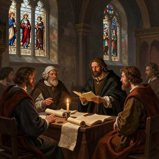 Photograph of a Renaissance-style painting depicting five bearded men in dark robes gathered around a table in a dimly lit, stained glass window-adorn