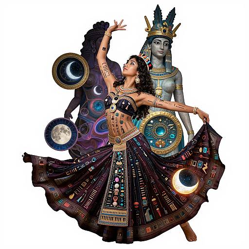 Digital artwork of a dancing woman in colorful, cosmic attire with celestial circles and moons, accompanied by a blue-skinned deity figure with a crown, against