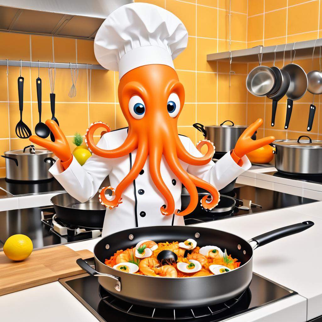 Whimsical Chef Octopus Cooking Seafood Delight