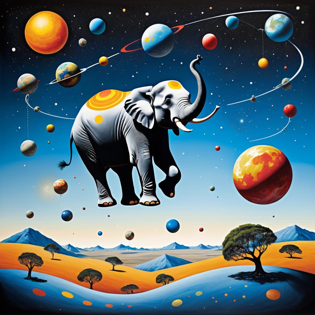 Surreal Elephant Juggling Planets in Space