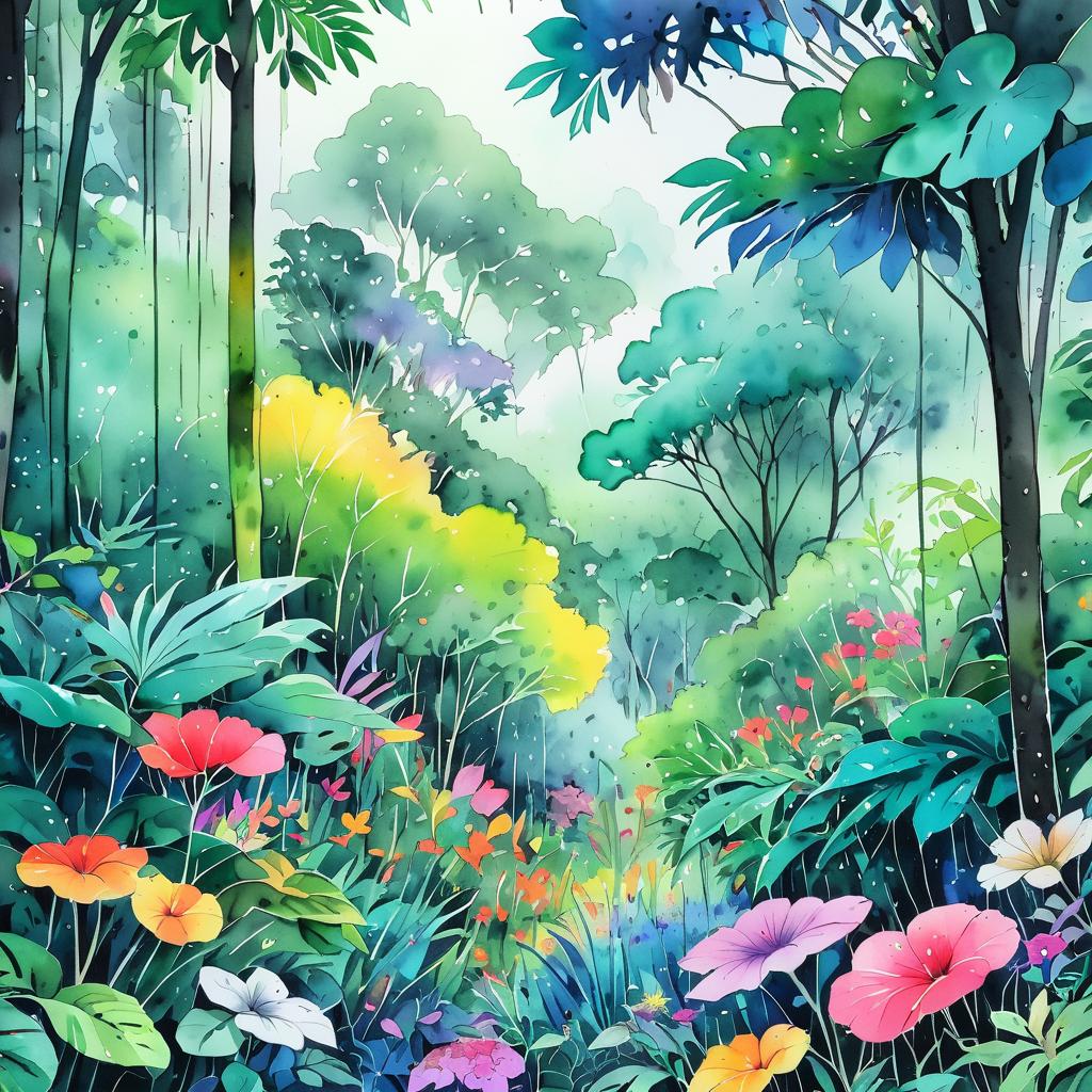 Vibrant Temperate Jungle Watercolor Scene