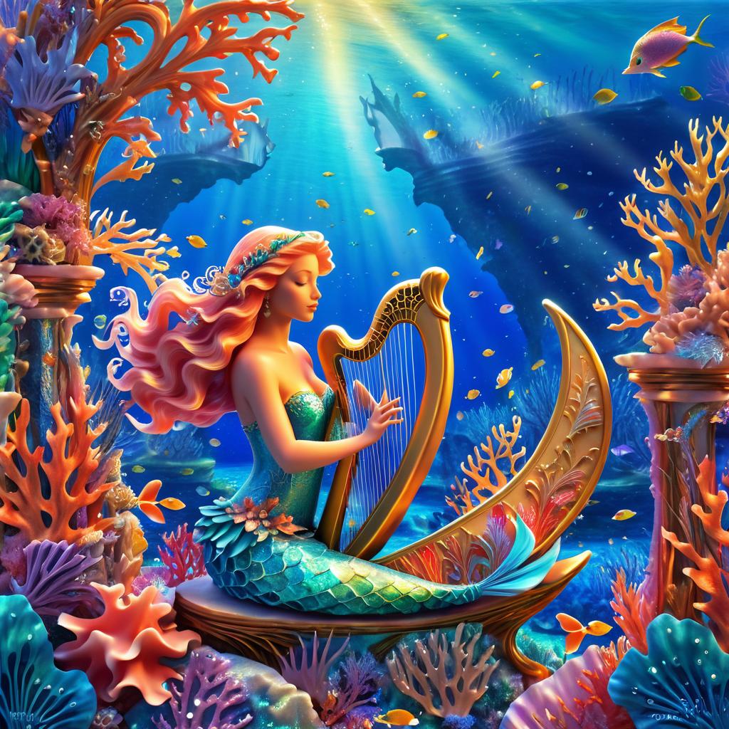 Enchanting Mermaid Playing Harp in Reef