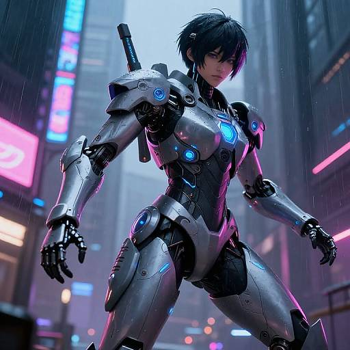 Futuristic Cybernetic Warrior in Neon City