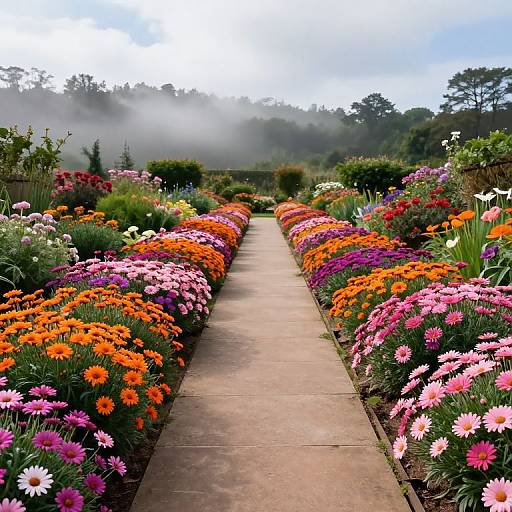 Photograph of a vibrant, colorful garden pathway lined with orange, pink, and purple flowers, misty background, and lush greenery.