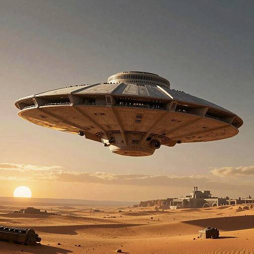 Photorealistic CGI of a silver, saucer-shaped spaceship hovering over a desert sunset, with a distant cityscape and scattered vehicles below.