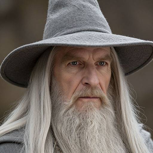 Photograph of an elderly man with long white hair, a full white beard, and a grey hat, gazing intently with blue eyes.