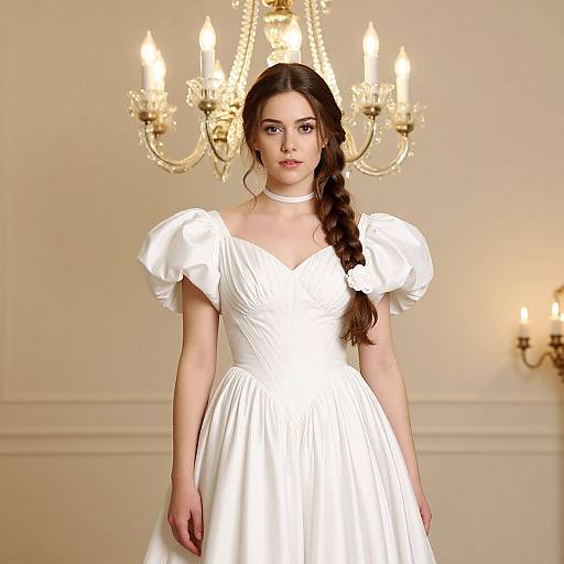 Photograph of a young woman with long brown hair in a braid, wearing a white, off-shoulder, puffed-sleeve dress