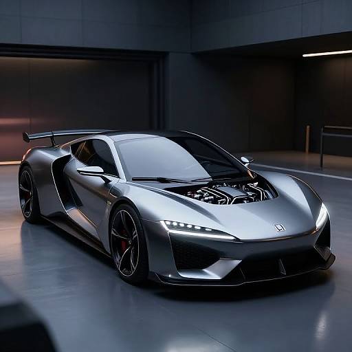 Photorealistic CGI of a sleek, silver Lamborghini Aventador with glowing headlights in a dark, modern garage with reflective surfaces.