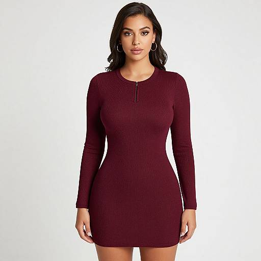 Photograph of a young woman with medium brown skin, long black hair, wearing a form-fitting, long-sleeve, maroon rib-k