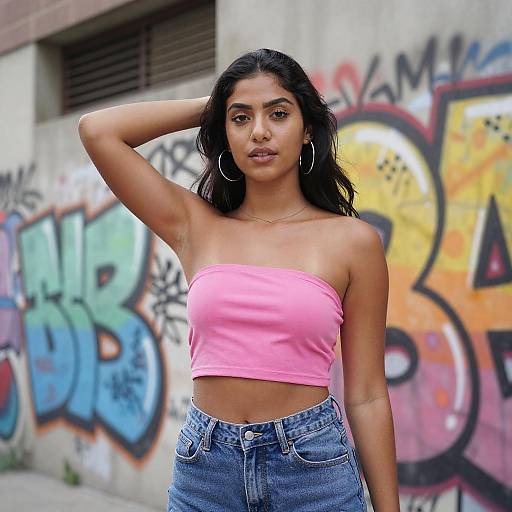Photograph of a young woman with long dark hair, wearing a pink tube top and high-waisted jeans, standing in front of colorful graffiti on