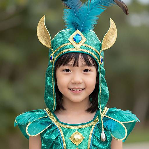 Photograph of an Asian child with black hair, smiling, wearing a green and gold feathered knight helmet and costume, with blue feathers and diamond-shaped