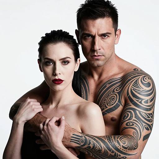 Photograph of a tattooed, muscular man with dark hair embracing a pale-skinned, dark-haired woman with red lipstick, both topless, against