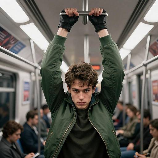 Young Man Upside Down in Subway Car