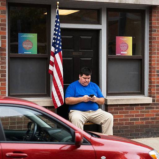 Man Sitting Outside Brick Building with American Flag