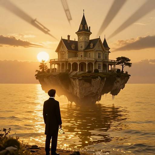 Silhouetted man in suit gazes at floating, gothic-style mansion at sunset over golden sea, with rays of sunlight framing it. Digital