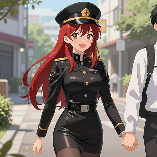 Anime Woman in Shiny Black Military Uniform Holding Hands