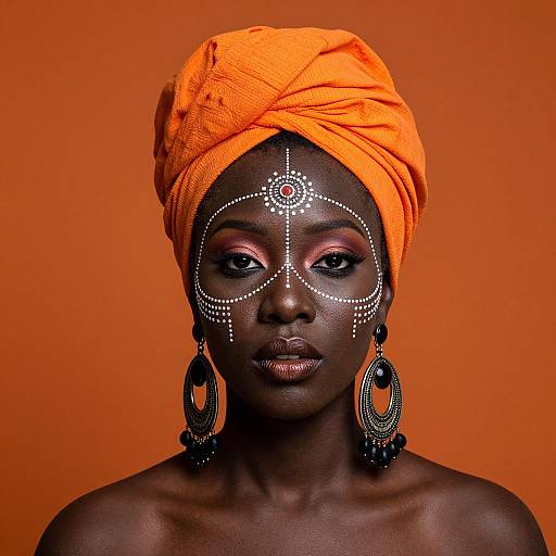 Photograph of a dark-skinned woman with an orange turban, silver facial jewelry, and large black earrings, against an orange background.