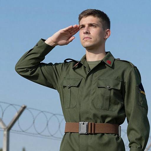 Young Soldier Saluting by Barbed Wire