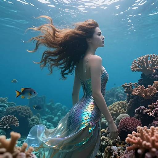 Photograph of a mermaid with long, flowing brown hair, wearing a shimmering, iridescent tail, swimming underwater among colorful coral reefs and