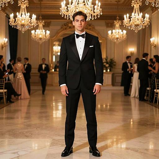 Photograph of a handsome man in a black tuxedo with a bow tie, standing in an opulent ballroom with chandeliers, marble