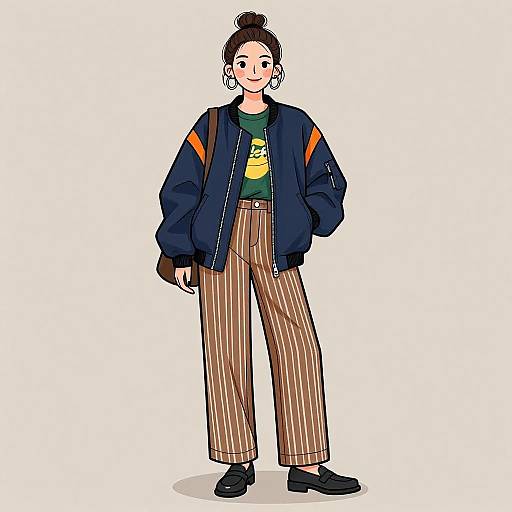 Digital drawing of a smiling woman with dark hair in a bun, wearing a blue jacket, green shirt, striped brown pants, and black shoes, standing
