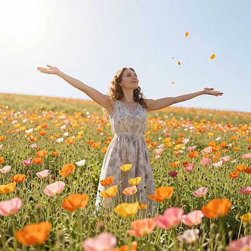 Photograph of a smiling woman with curly brown hair, wearing a floral dress, standing in a sunlit field of colorful poppies, arms outst