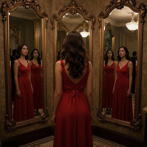 Photograph of a woman with long brown hair in a red, V-neck dress, standing before ornate gold-framed mirrors, reflecting her contemplative