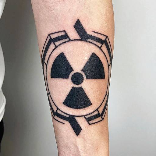 Photograph of a black nuclear radiation symbol tattoo on a person's forearm, featuring bold lines and a white background.