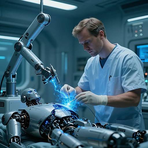 Photograph of a male scientist in white lab coat, gloves, and short brown hair, repairing a futuristic robotic arm emitting blue sparks in a high-tech