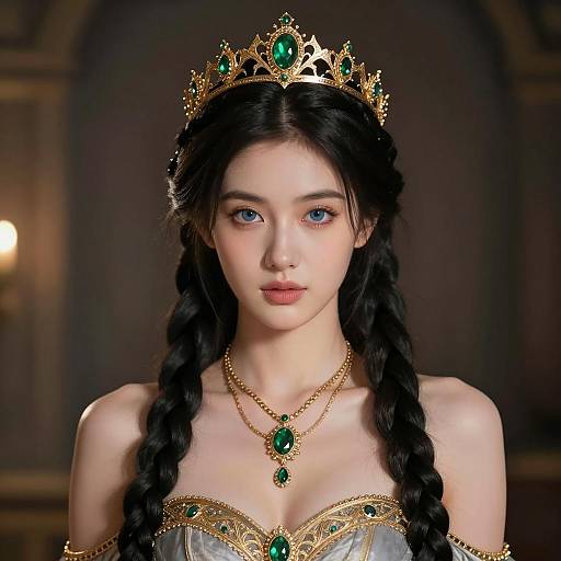 Young Woman in Gold Crown with Green Gemstones