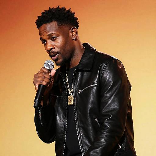 Serious Black Man with Microphone Portrait