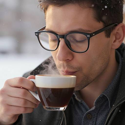 Photograph of a man with dark-rimmed glasses, short brown hair, and light stubble, sipping a steaming cup of coffee,