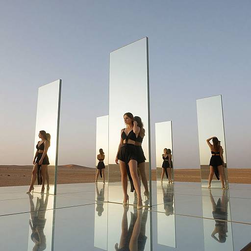 Photograph of five women in black dresses and heels standing in front of tall, illuminated glass panels on a reflective desert floor. Clear blue sky in background