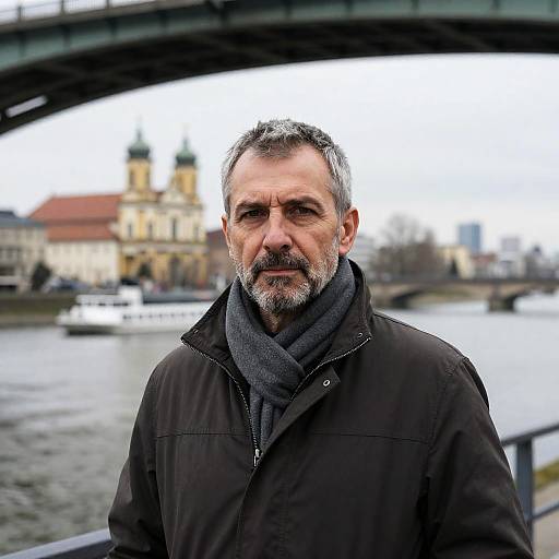 Intense Middle-Aged Man Under Bridge