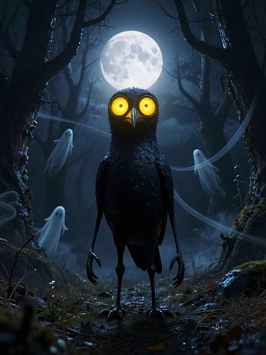 Spooky Stylized Crow in Eerie Forest