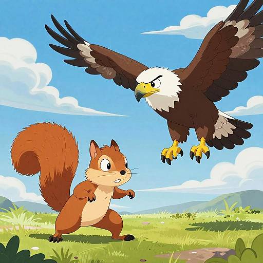 Cartoon image of a determined brown squirrel standing on grass, facing a flying brown eagle with white head against a bright blue sky with clouds.