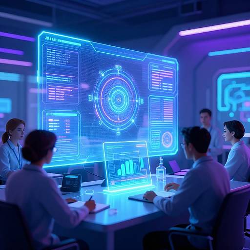 Photograph of a high-tech, blue-lit meeting room with five professionals seated around a table, discussing a holographic, neon-blue interface displaying technical