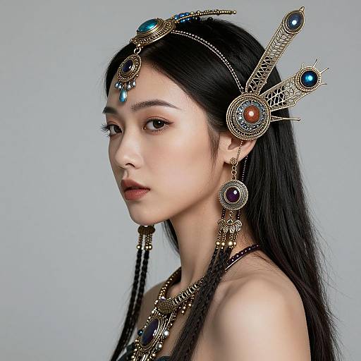 Photograph of an East Asian woman with long black hair, wearing elaborate headpiece with peacock feathers and jewels, matching earrings, and necklace, against