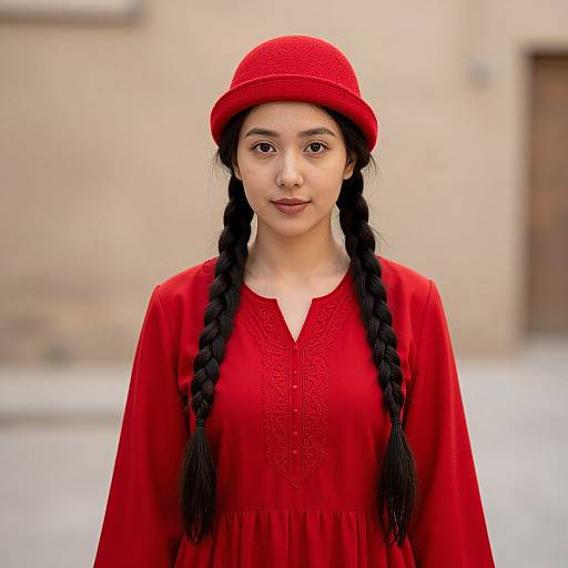 Photograph of an East Asian woman with long braids, wearing a red hat and red embroidered dress, standing against a blurred beige wall.