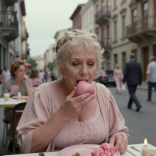 Photograph of elderly white woman with curly gray hair, pink blouse, eating large pink dessert in bustling European street café.