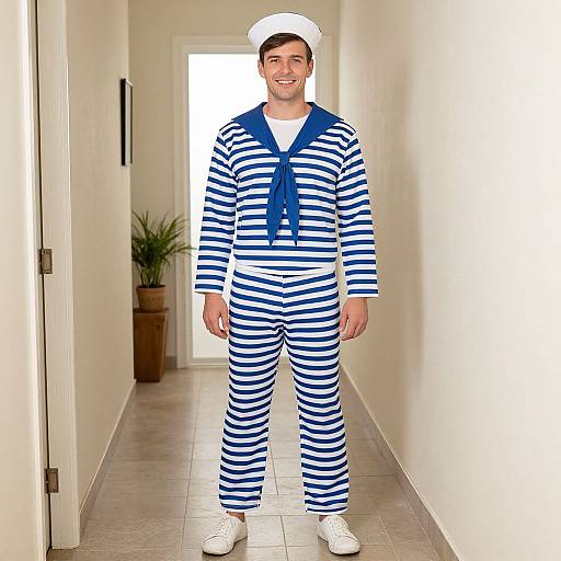 Photograph of a smiling man in a blue and white striped sailor suit, white cap, and white sneakers, standing in a bright, narrow hallway with