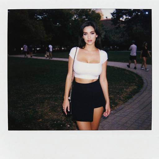 Photograph of a young woman with dark hair, wearing a white crop top and black mini-skirt, walking in a park at dusk, with blurred