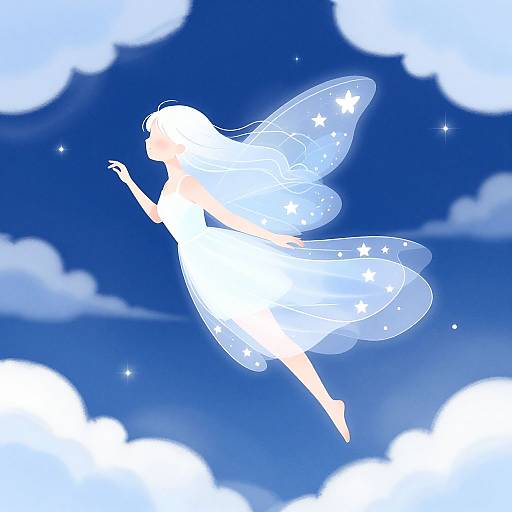 Digital illustration of a white-haired fairy with starry, translucent wings, floating in a blue, cloud-filled night sky.