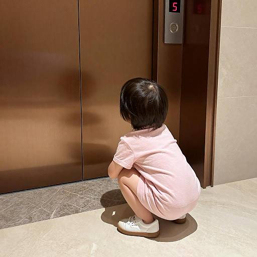 Young Child Crouching by Elevator Door