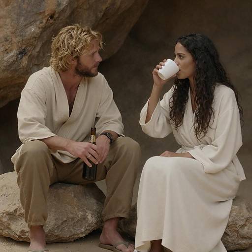 Man and Woman in Robes Relaxing on Rocks