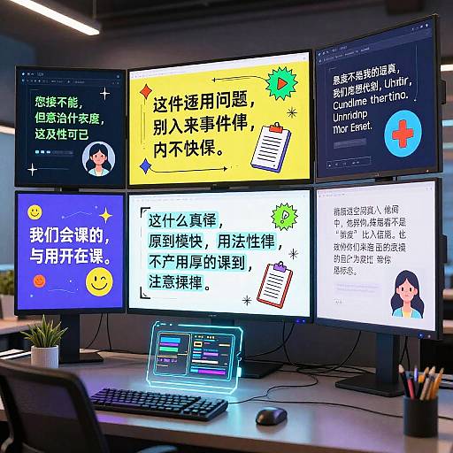 Photograph of a modern office desk with six colorful computer monitors displaying Chinese text and emojis, a glowing laptop, and a potted plant.